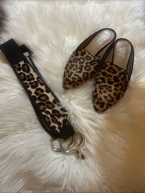 Franco Sarto Leopard Print Pointed Toe Slip-On Mules - Black & Brown